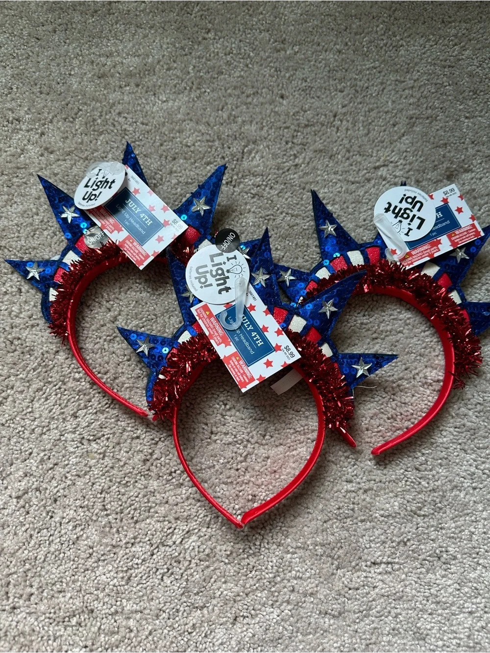 Three Patriotic Light-Up Star Headband - Red and Blue